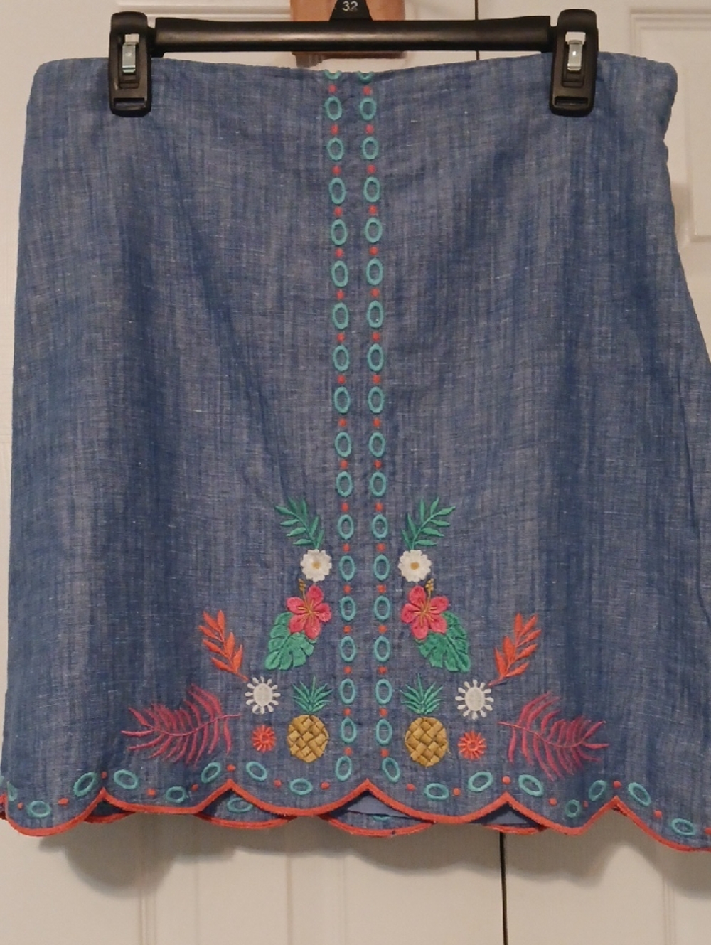 Blue Embroidered Floral A-Line Skirt